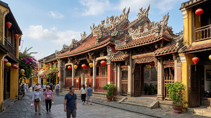 Fototapeta premium Ancient Vietnamese Town Street Scene with Ornate Temple Architecture and Pedestrians