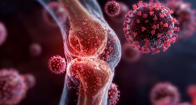 Medical animation showing viruses attacking a human knee joint, causing inflammation, pain, and symptoms of arthritis. This conceptual clip represents viral infection and joint disease