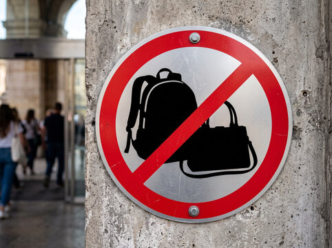 No backpacks or bags allowed circular red warning sign mounted on a textured concrete wall