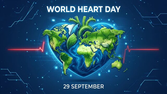 Digital heart-shaped globe on blue technical background.