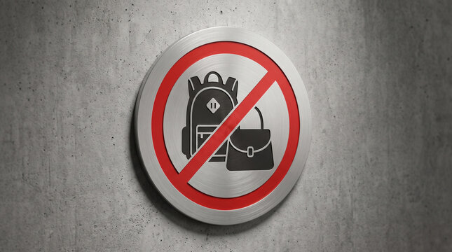 No backpacks or handbags allowed sign with a red prohibition circle symbol on a grey wall