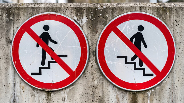 Two round no entry signs for stairs on a gray concrete wall