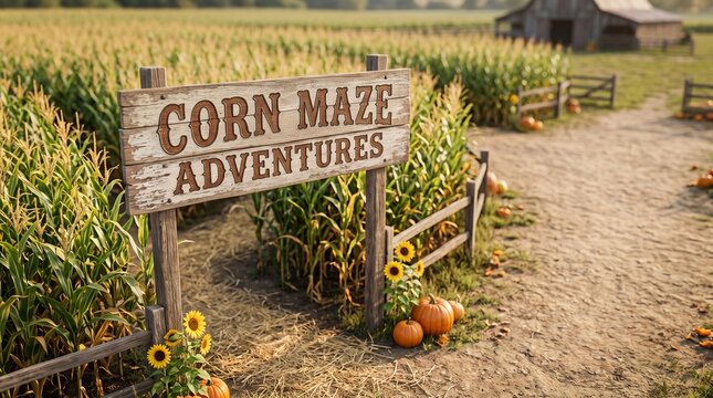 Wooden sign for corn maze adventures at autumn farm. Entrance to field attraction with pumpkin and sunflower. Rural scenery for seasonal family holiday, leisure and outdoor activity.