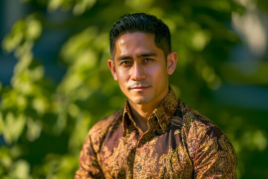 Young man in patterned shirt stands outdoors