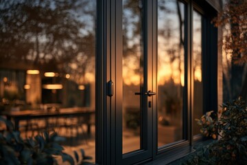 Fototapeta premium Glass door of a contemporary house reflecting a beautiful warm sunset
