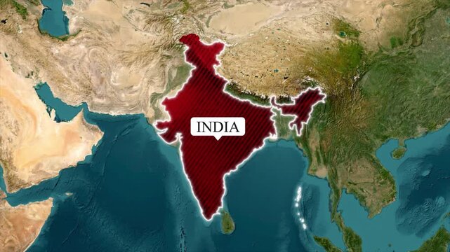 India Map Animation, India Location Map with Highlighted Border, South Asia Country Geography on Realistic Terrain Background