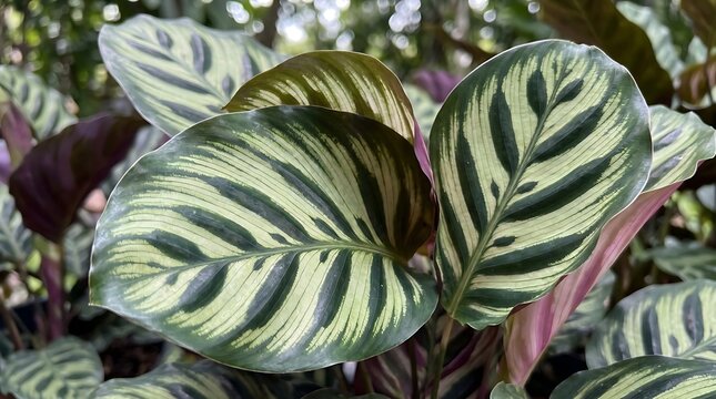 Close up of beautiful patterned leaves of a prayer plant houseplant