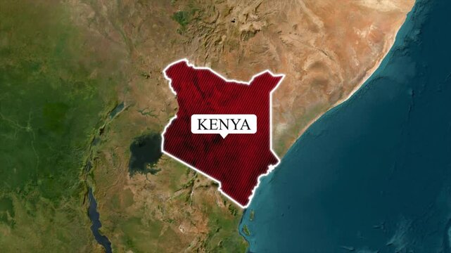 Kenya map highlight animation, dark red country border outline on aerial satellite terrain background, East Africa coastal geography 4K