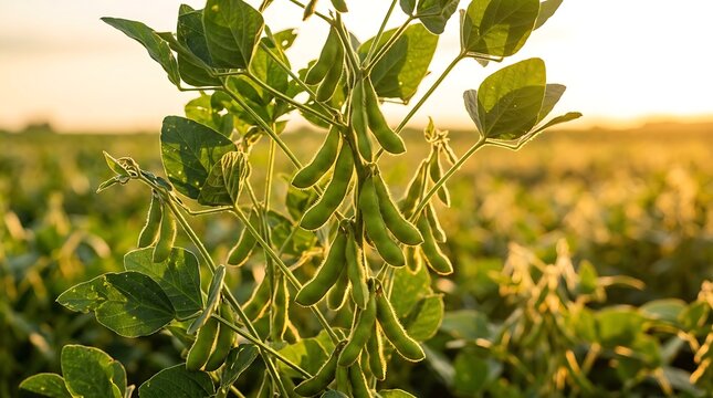 Soybean plants growing in a field during golden hour light