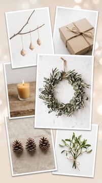 Photo collage of natural decor items for home in minimalist style  