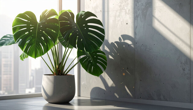 コンクリート壁の前に置かれたモンステラの鉢植え　柔らかな自然光が差し込む窓辺とモダンなインテリアの背景素材　文字入れのためのコピースペースがある洗練された室内空間のイメージ写真
