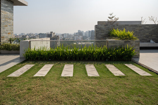 Modern Rooftop Garden with Green Lawn, Stone Pathway, Landscaped Plants, and City View in the Background