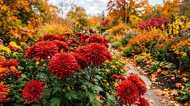 Vibrant autumn garden with red flowers and colorful fall foliage