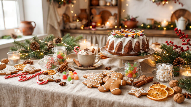 Mesa navide&ntilde;a con galletas de jengibre, dulces, chocolate caliente y decoraci&oacute;n tradicional, transmitiendo calidez, celebraci&oacute;n y ambiente familiar.