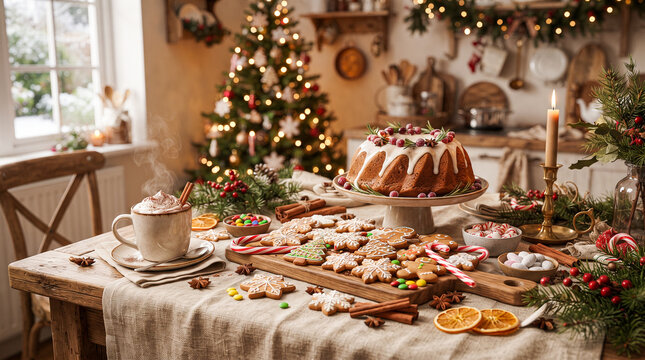 Mesa navide&ntilde;a con galletas de jengibre, dulces, chocolate caliente y decoraci&oacute;n tradicional, transmitiendo calidez, celebraci&oacute;n y ambiente familiar.