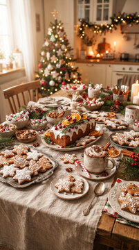 Mesa navide&ntilde;a con galletas de jengibre, dulces, chocolate caliente y decoraci&oacute;n tradicional, transmitiendo calidez, celebraci&oacute;n y ambiente familiar.