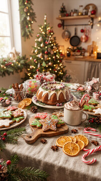 Mesa navide&ntilde;a con galletas de jengibre, dulces, chocolate caliente y decoraci&oacute;n tradicional, transmitiendo calidez, celebraci&oacute;n y ambiente familiar.