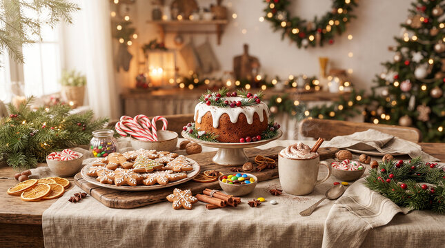 Mesa navide&ntilde;a con galletas de jengibre, dulces, chocolate caliente y decoraci&oacute;n tradicional, transmitiendo calidez, celebraci&oacute;n y ambiente familiar.