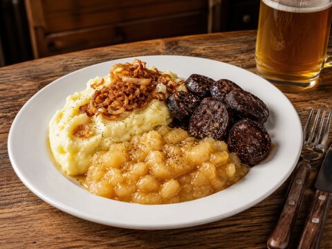 Himmel und Erde im deutschen Restaurant &ndash; deutscher Klassiker mit Kartoffelp&uuml;ree, Apfelkompott, Blutwurst und R&ouml;stzwiebeln, deftig angerichtet auf wei&szlig;em Teller mit Bier.