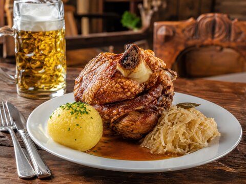 Schweinshaxe mit Sauerkraut und Kartoffelkn&ouml;del im Restaurant &ndash; deutscher Klassiker mit knuspriger Kruste, dunkler So&szlig;e und rustikaler Wirtshausatmosph&auml;re, dazu Bier.
