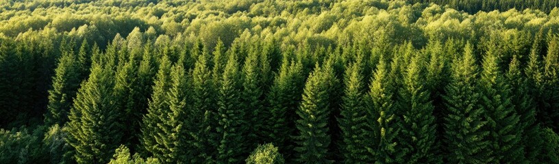 Fototapeta premium Aerial view of a dense evergreen forest bathed in warm, soft sunlight