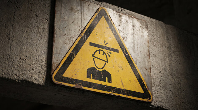 Yellow triangular caution sign with a man wearing a hard hat symbol on a dark industrial wall