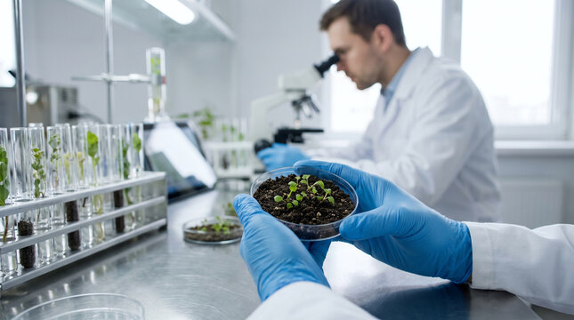Scientist holding a petri dish with small green plants in a laboratory setting