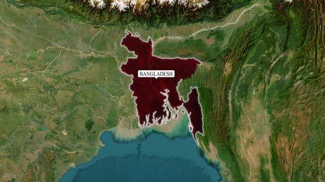 Bangladesh map highlight animation, dark red country border outline on aerial satellite terrain background, South Asia coastal geography 4K