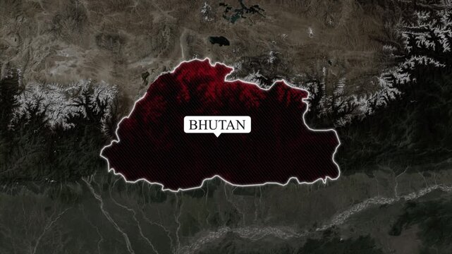 Bhutan map highlight animation, dark red country border outline on aerial satellite terrain background, South Asia regional geography 4K