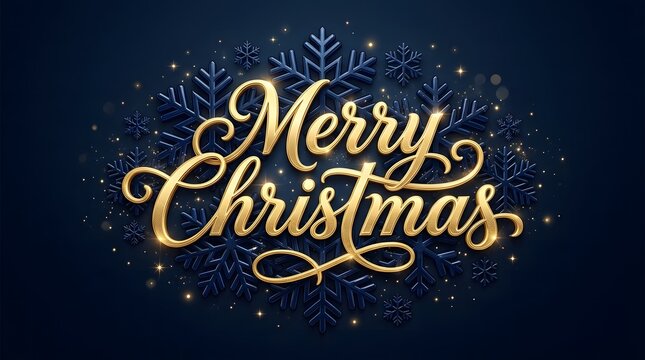 Merry christmas lettering with elegant gold calligraphy style featuring dark blue snowflakes and shimmering sparkles on a deep navy background