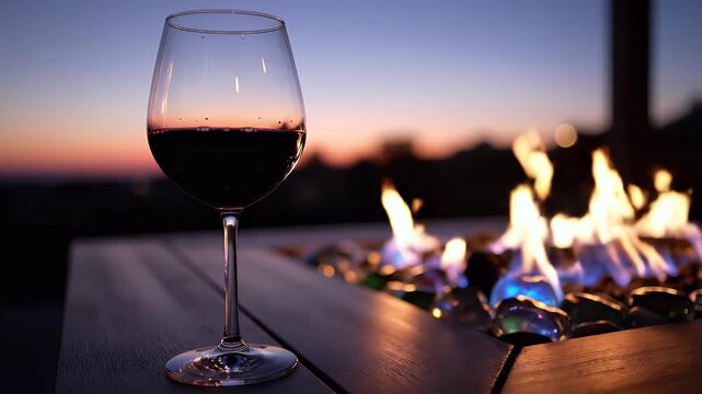 A glass of red wine rests beside a glowing fire pit at dusk