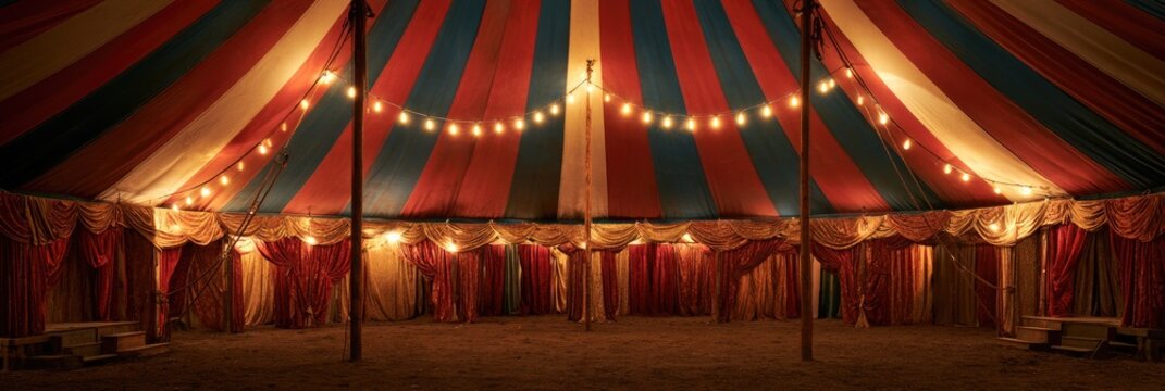 Festive Big Top interior illuminated by strings of bulbs and draped curtains