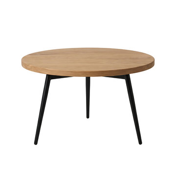 Modern round coffee table with a wooden top and black metal legs isolated on transparent background