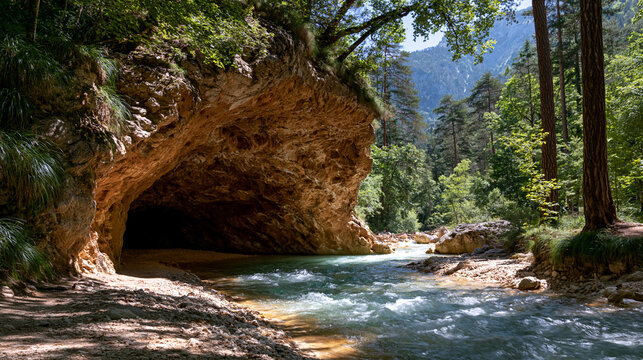 Natural stone cave archway over flowing river in lush forest landscape