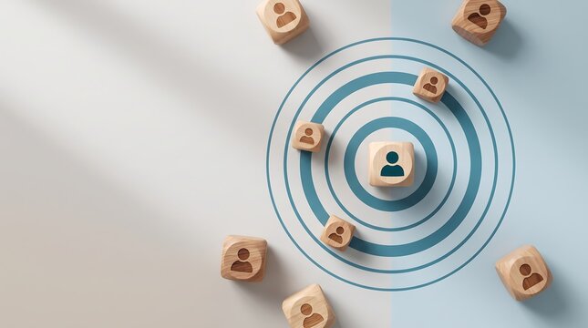 Wooden cubes with people icons on target for marketing audience segmentation, business leadership and recruitment banner.