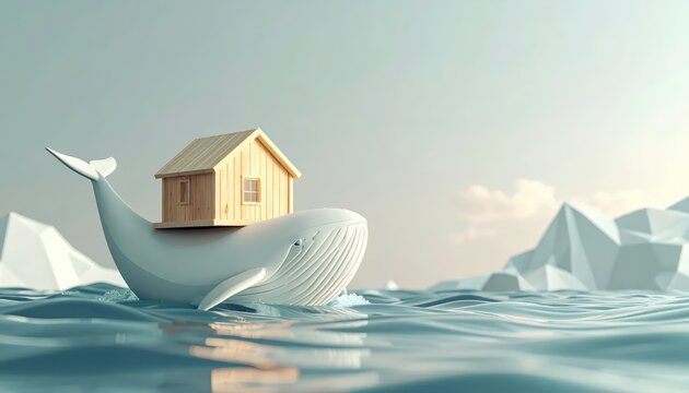 Surreal 3D illustration of a white whale carrying a wooden house on its back through the ocean with icebergs and ample copy space in the sky.