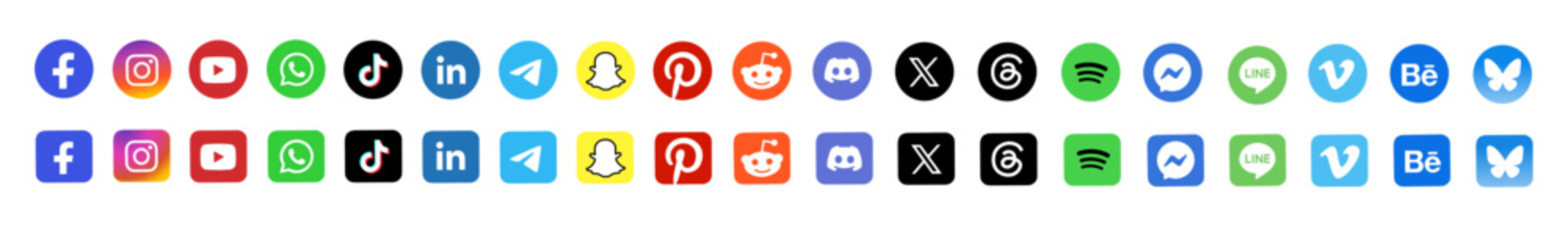 Popular social media icon collection featuring colorful circular and square designs for modern digital branding, websites, apps, marketing, and communication