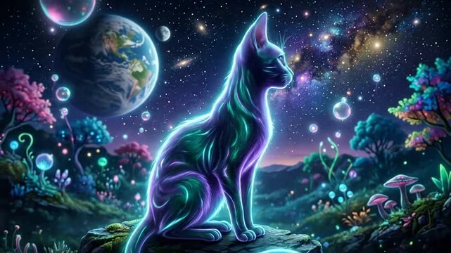 Mystical Glowing Cat in a Magical Night Forest with Earth and Galaxy View