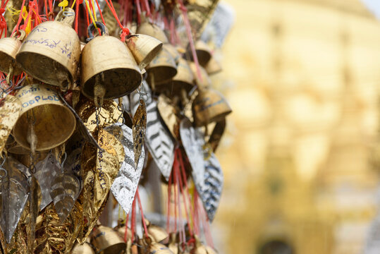 Buddhist Prayer Bells at a Sacred Temple in Myanmar