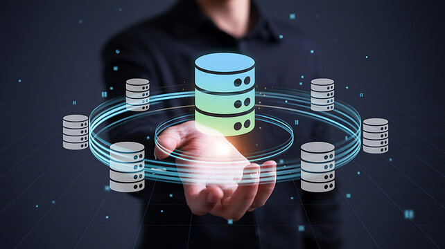Businessman holding a glowing digital database server icon illustration