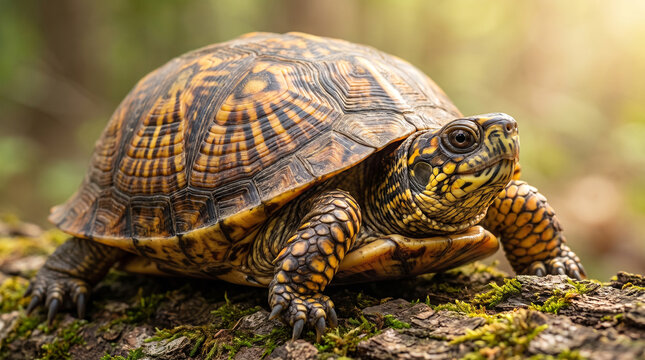 A small box turtle resting on a mossy log in the forest during a sunny day