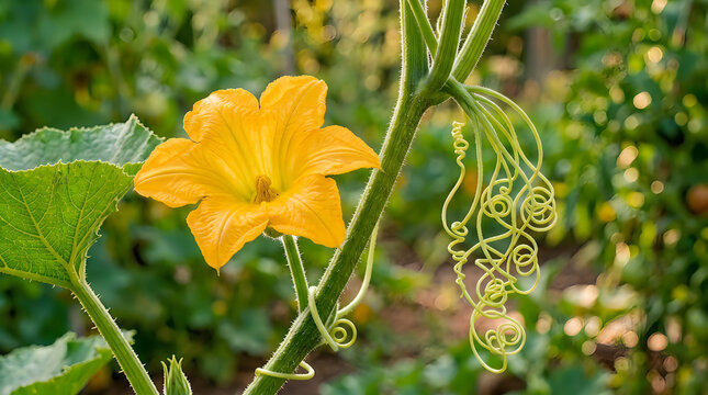 Bright yellow squash blossom blooming on a green vine in a home vegetable garden