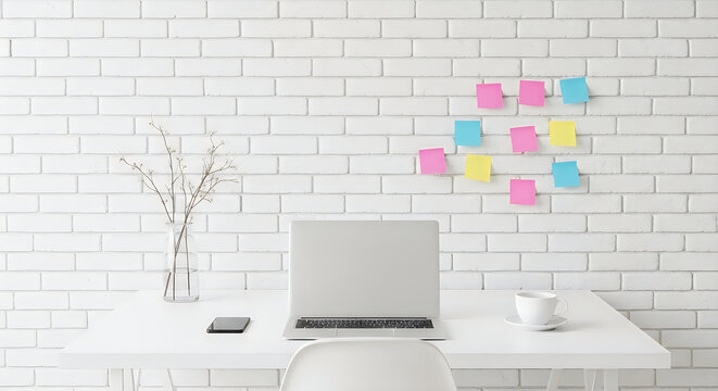 Colorful sticky notes arranged on a brick wall with laptop and plant