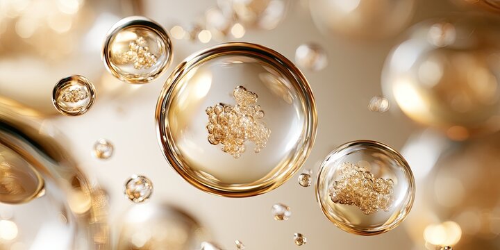 Golden liquid spheres with particulate matter suspended within