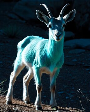 A cyan  markhor baby goat kid  genetic hybrid experiment fantasy animal, fictional species in a celestial glow