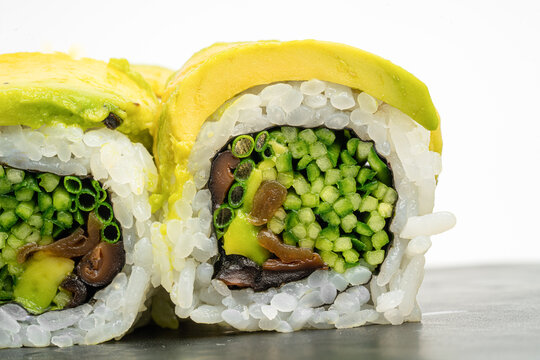 Close Up Kanpyo Cucumber Roll with Green Onion