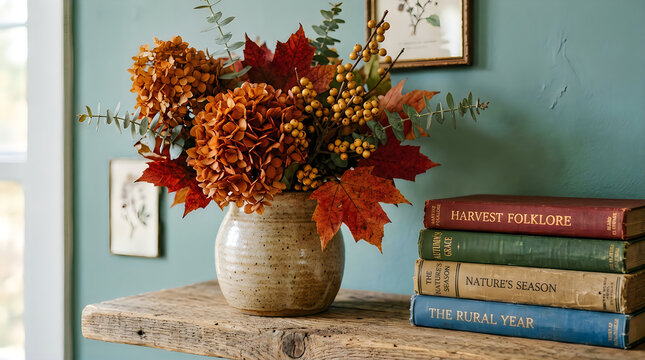A beautiful autumn flower arrangement in a ceramic vase next to a stack of books
