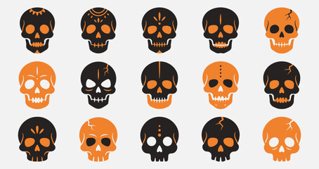 Fototapeta premium Set of fifteen decorative human skulls in black and orange colors for halloween design and festive decorations