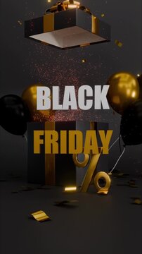 Vertical video of a luxury black gift box opening to reveal bold BLACK FRIDAY lettering with golden decorations. Dynamic 3D shopping animation for seasonal sales, retail promotions, discounts, and hol