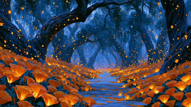 Magical mystical forest path with glowing fireflies and orange flowers, ethereal